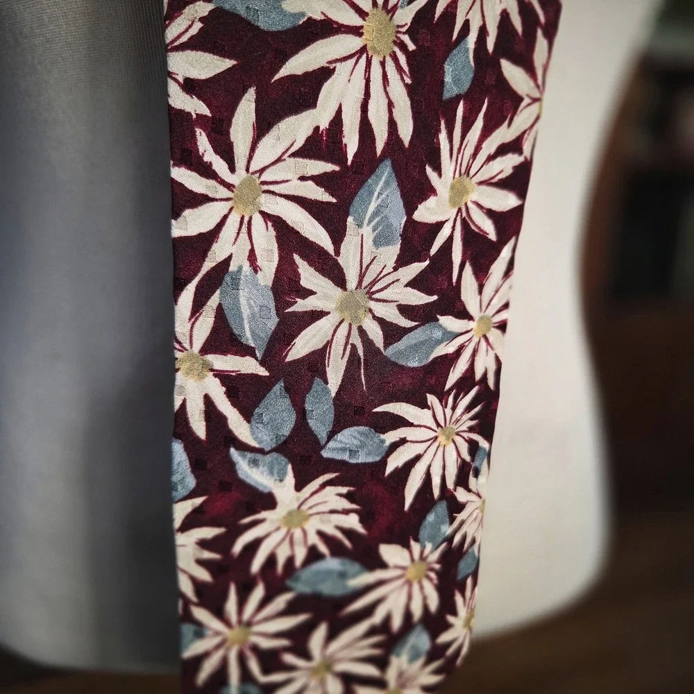 Structure Silk Tie Vintage 90s Floral Burgundy Red Blue Made in USA Men Tie